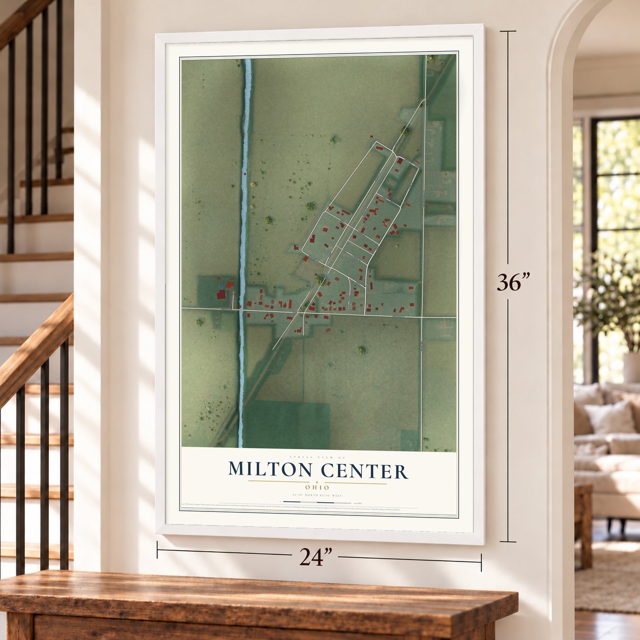 Milton Center, Ohio map, 24 x 36 inch print in a white frame by a staircase