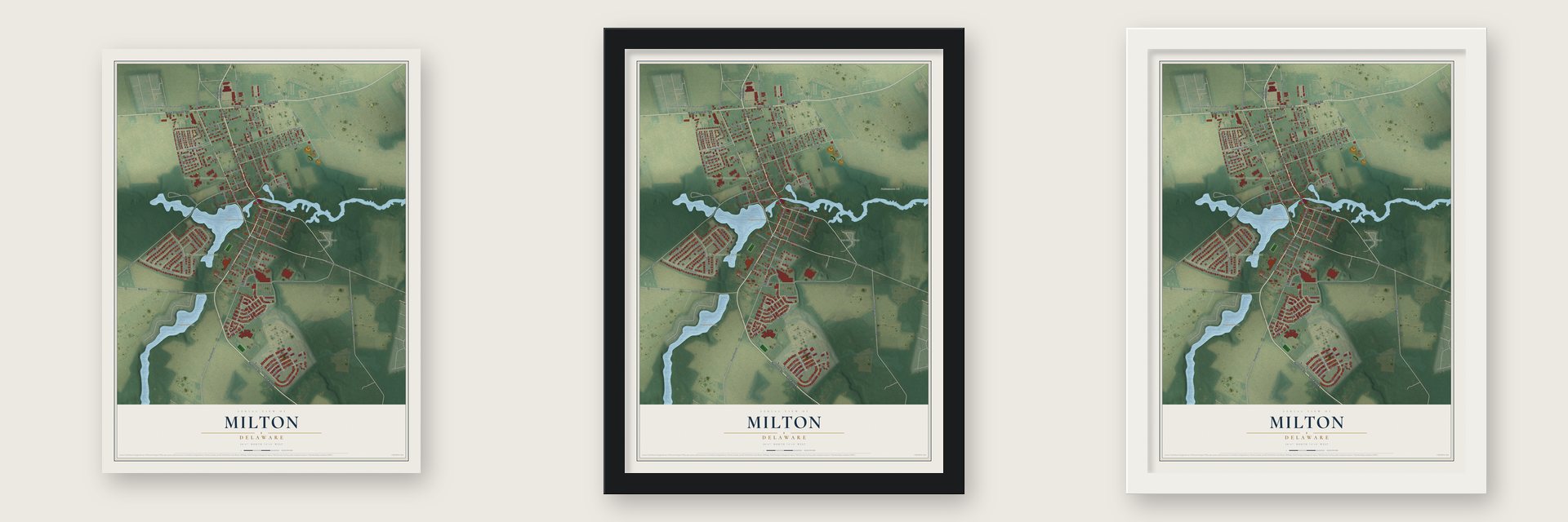 Milton, Delaware map unframed, in a black wood frame and in a white wood frame