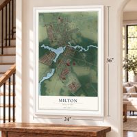 Milton, Delaware map, 24 x 36 inch print in a white frame by a staircase