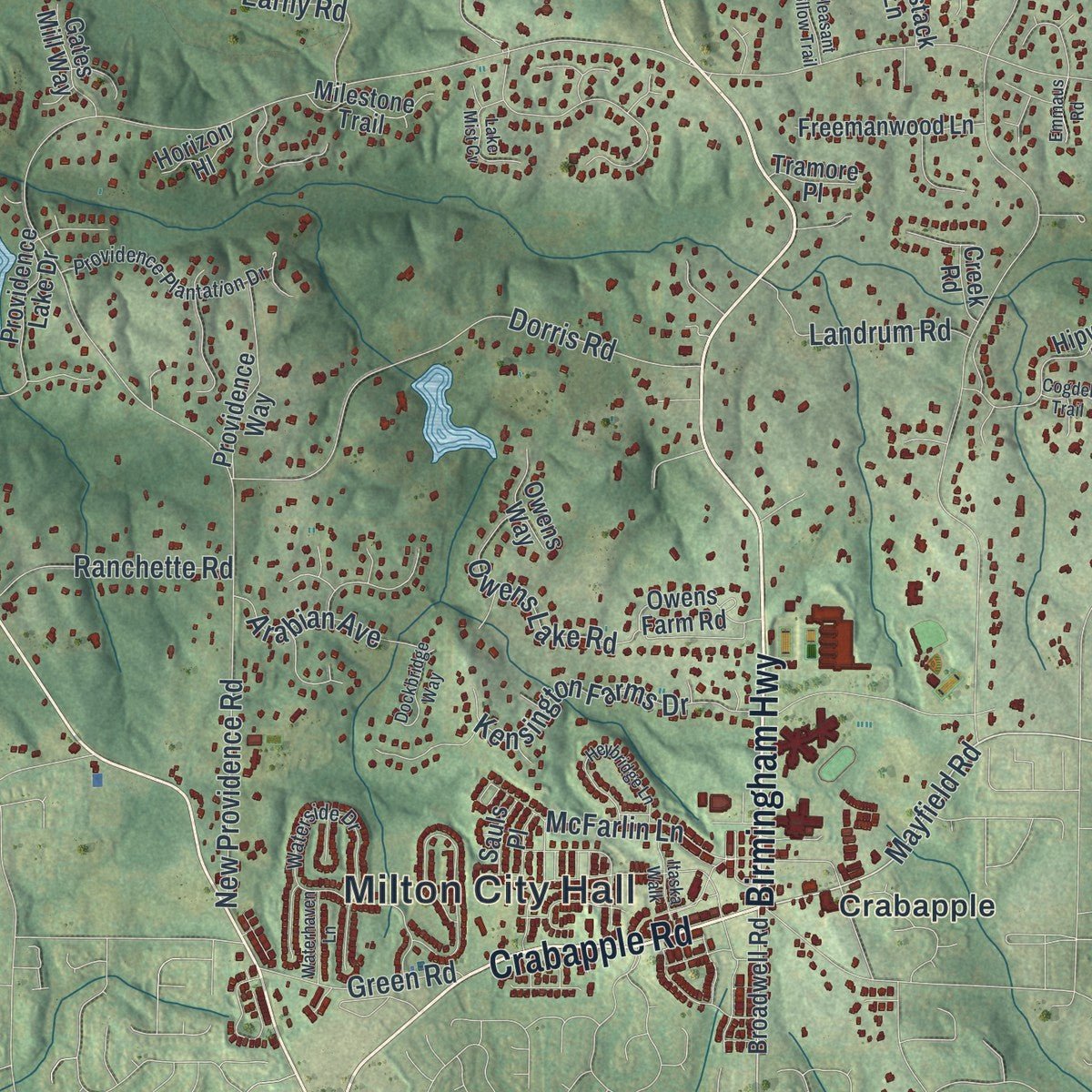 Second close-up of the map of Milton, Georgia print showing more streets and buildings