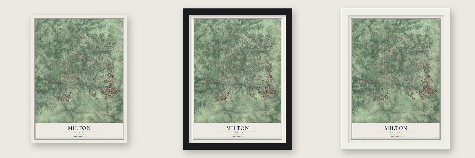 Milton, Georgia map unframed, in a black wood frame and in a white wood frame