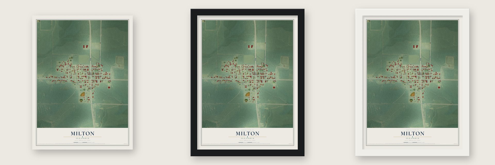 Milton, Illinois map unframed, in a black wood frame and in a white wood frame