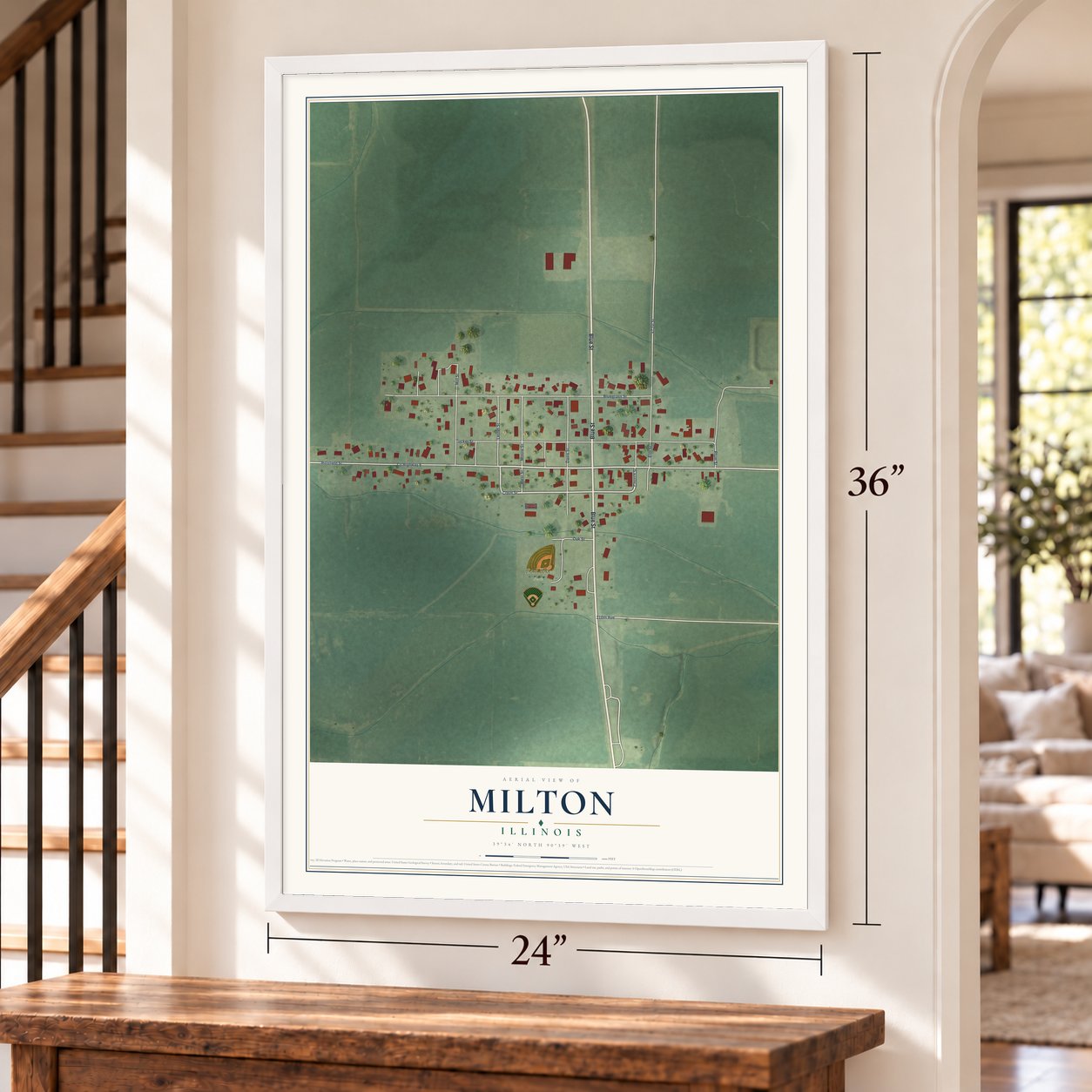 Milton, Illinois map, 24 x 36 inch print in a white frame by a staircase