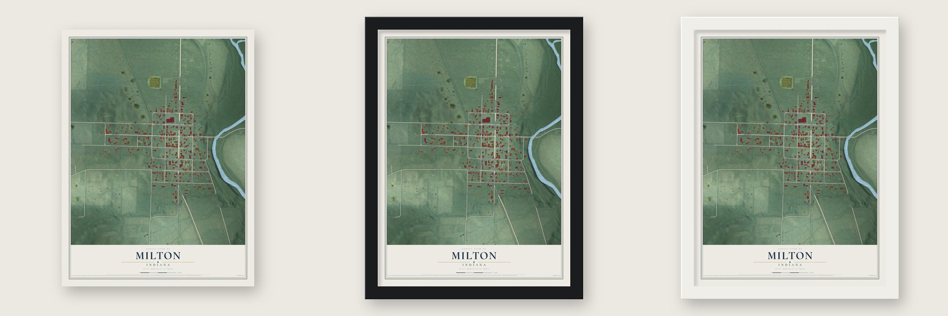 Milton, Indiana map unframed, in a black wood frame and in a white wood frame