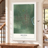 Milton, Indiana map, 24 x 36 inch print in a white frame by a staircase