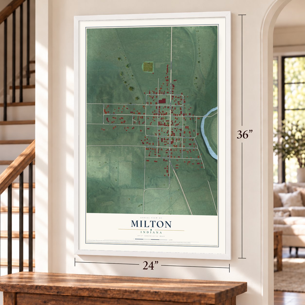 Milton, Indiana map, 24 x 36 inch print in a white frame by a staircase