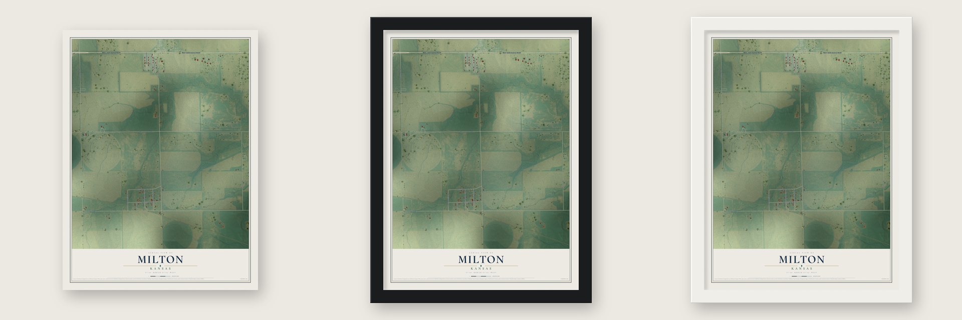 Milton, Kansas map unframed, in a black wood frame and in a white wood frame