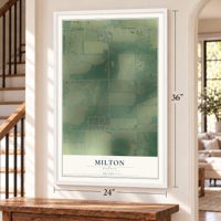 Milton, Kansas map, 24 x 36 inch print in a white frame by a staircase