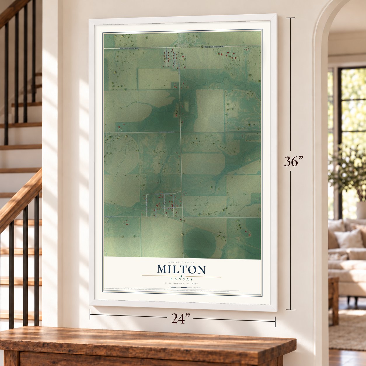 Milton, Kansas map, 24 x 36 inch print in a white frame by a staircase