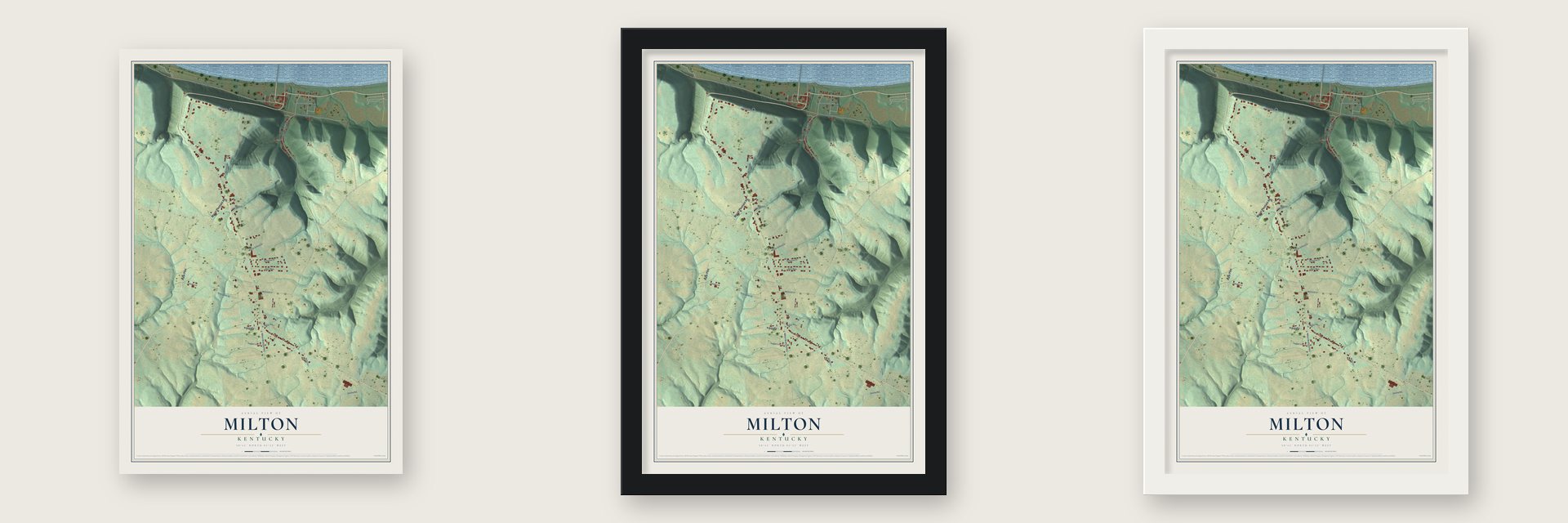 Milton, Kentucky map unframed, in a black wood frame and in a white wood frame