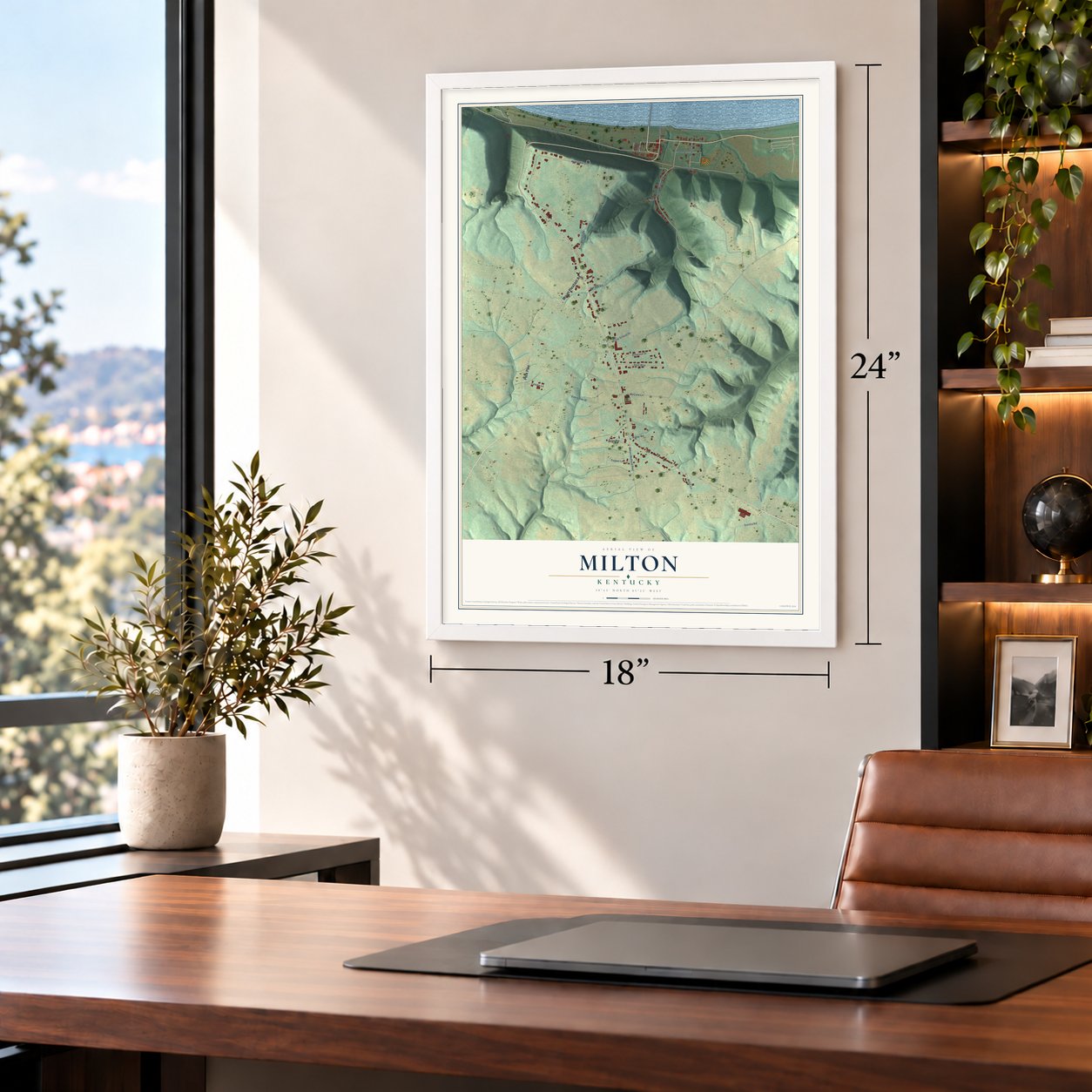 Milton, Kentucky map, 18 x 24 inch print in a white frame in a home office