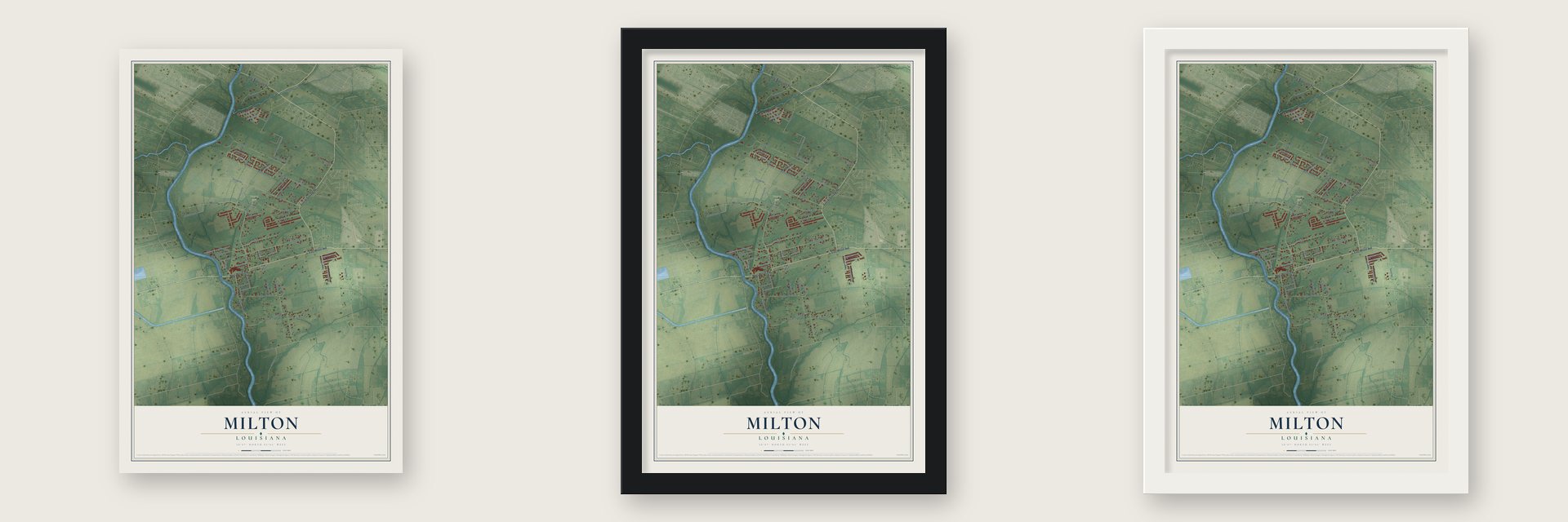 Milton, Louisiana map unframed, in a black wood frame and in a white wood frame
