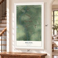 Milton, Louisiana map, 24 x 36 inch print in a white frame by a staircase