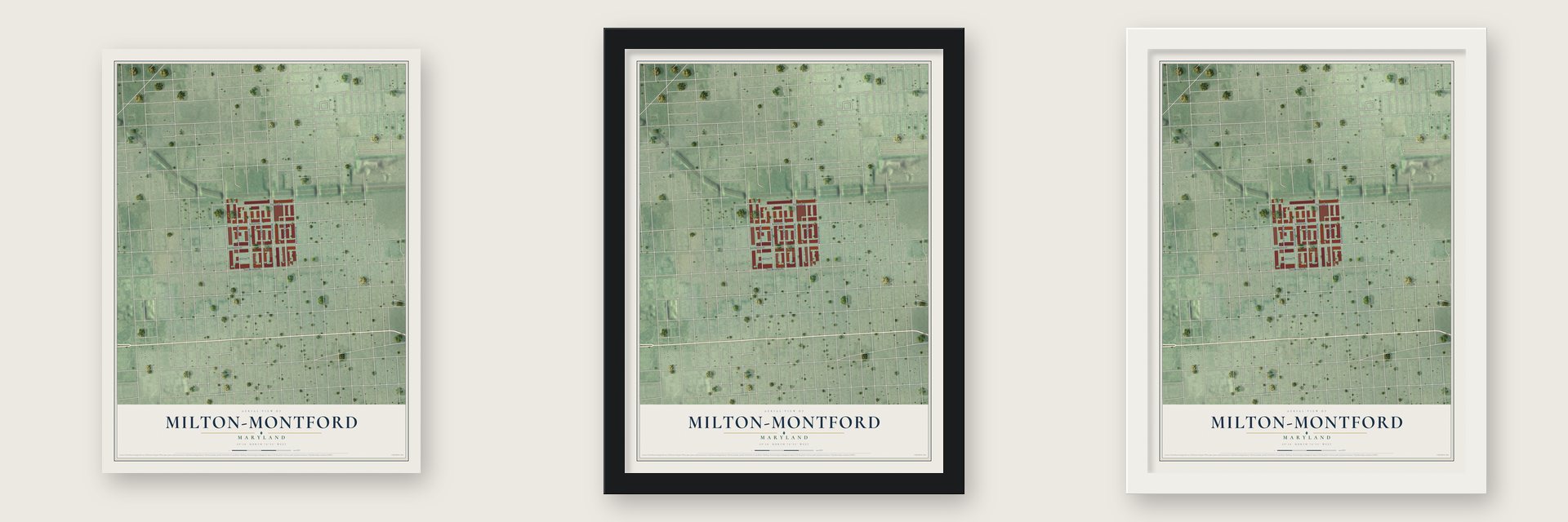 Milton-Montford, Maryland map unframed, in a black wood frame and in a white wood frame