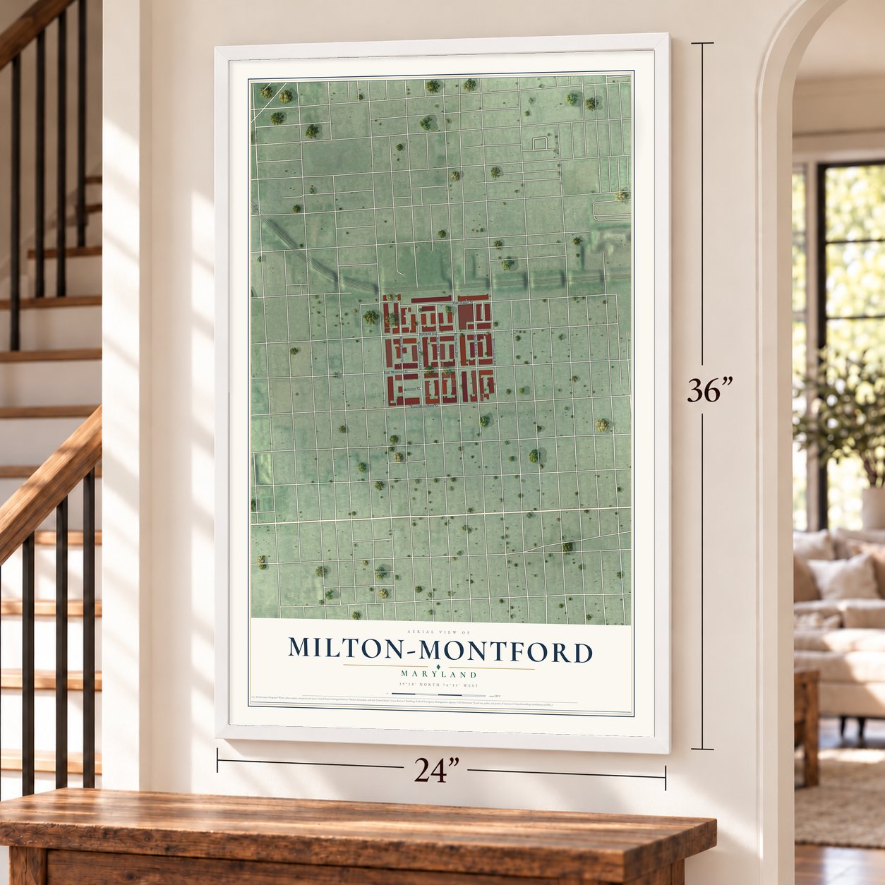 Milton-Montford, Maryland map, 24 x 36 inch print in a white frame by a staircase