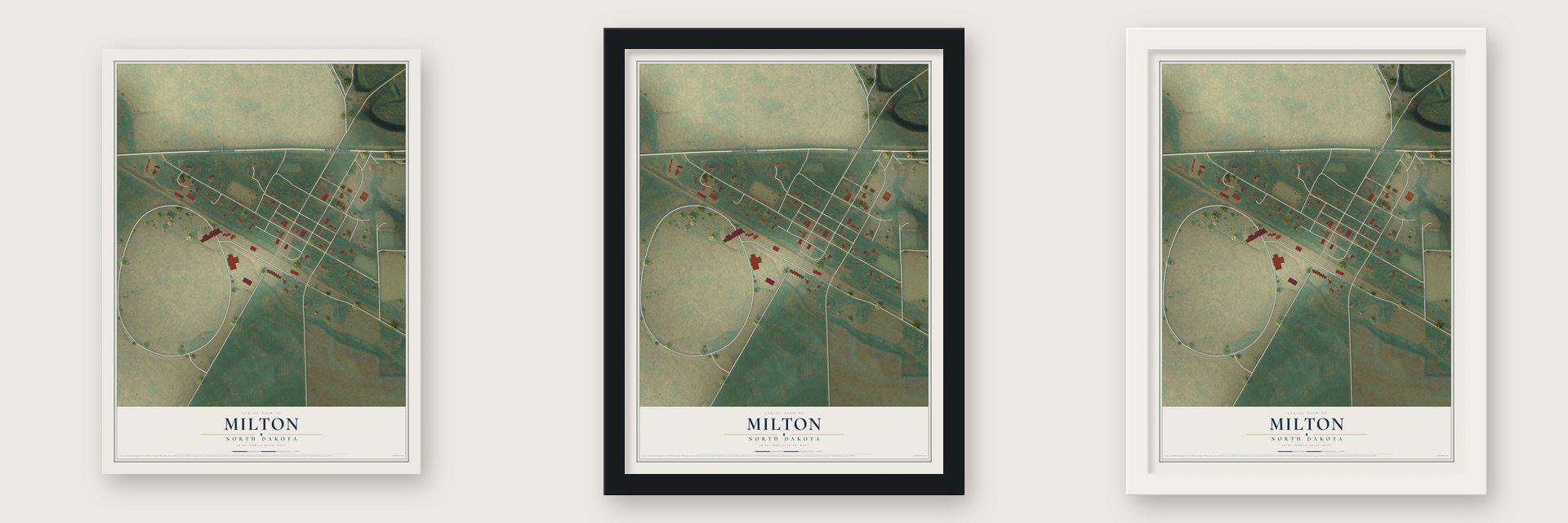 Milton, North Dakota map unframed, in a black wood frame and in a white wood frame