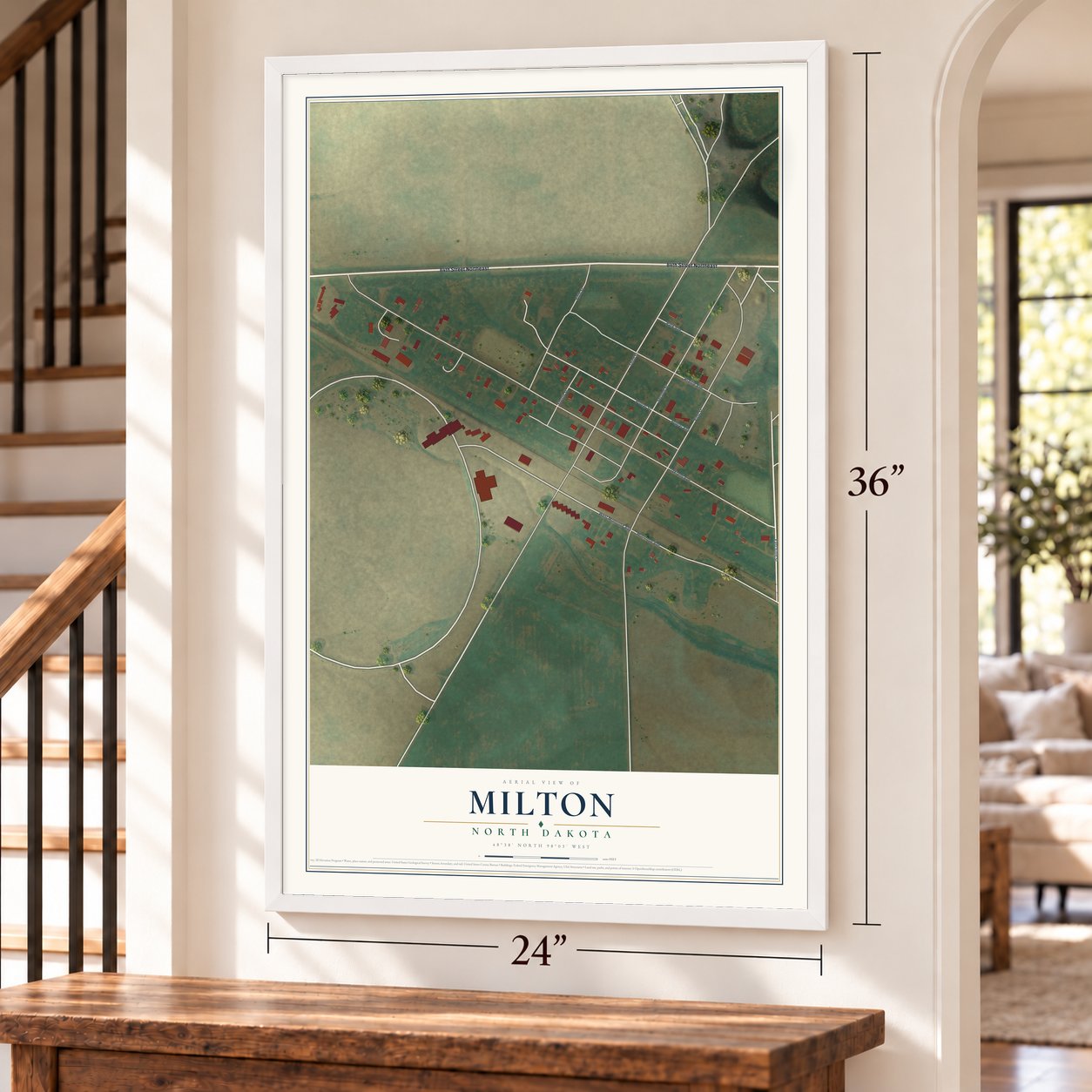Milton, North Dakota map, 24 x 36 inch print in a white frame by a staircase