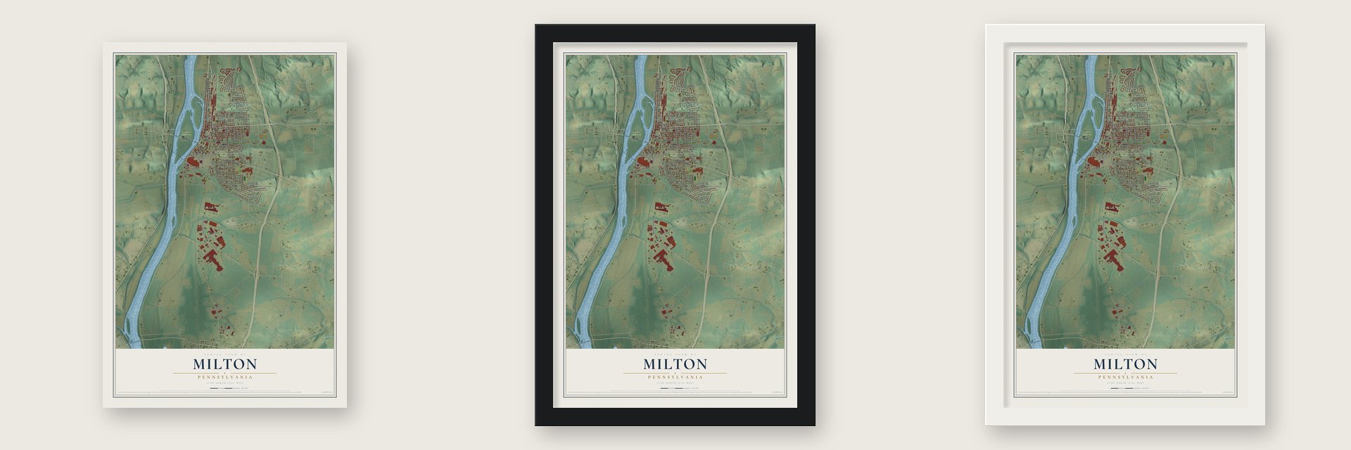 Milton, Pennsylvania map unframed, in a black wood frame and in a white wood frame