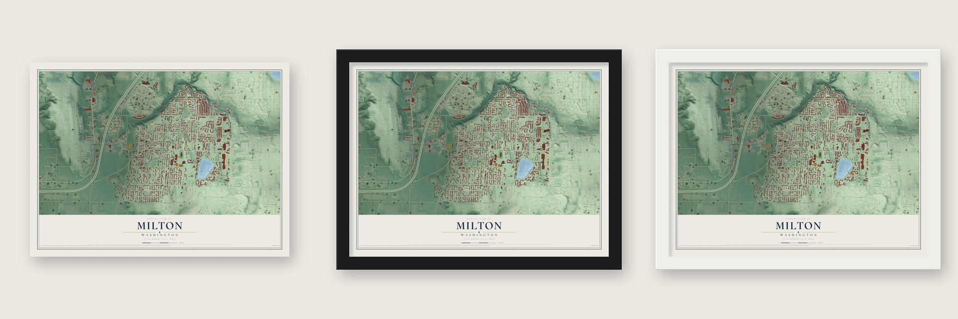 Milton, Washington map unframed, in a black wood frame and in a white wood frame