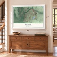 Milton, Washington map, 24 x 36 inch print in a white frame above a dresser by a staircase