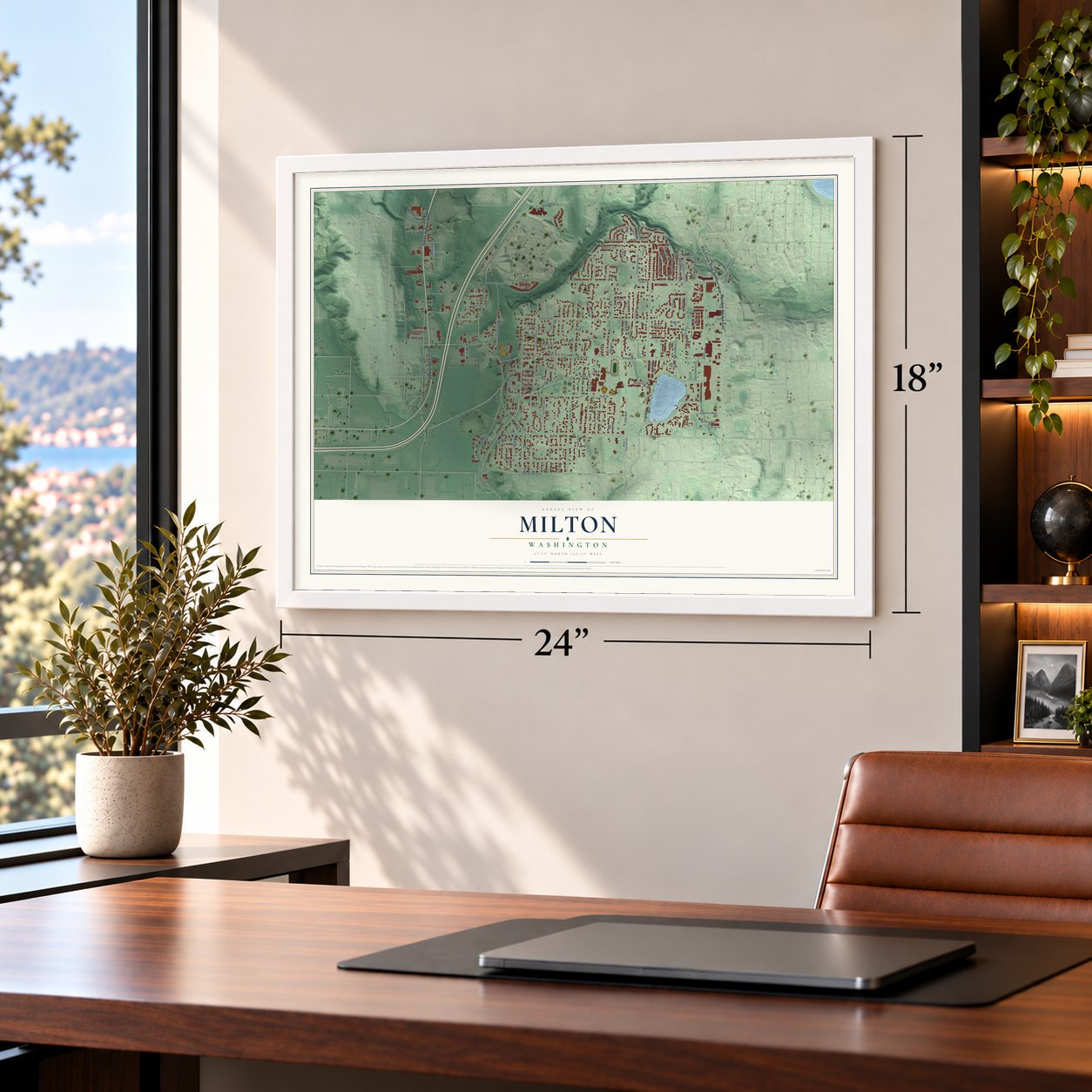 Milton, Washington map, 18 x 24 inch print in a white frame in a home office