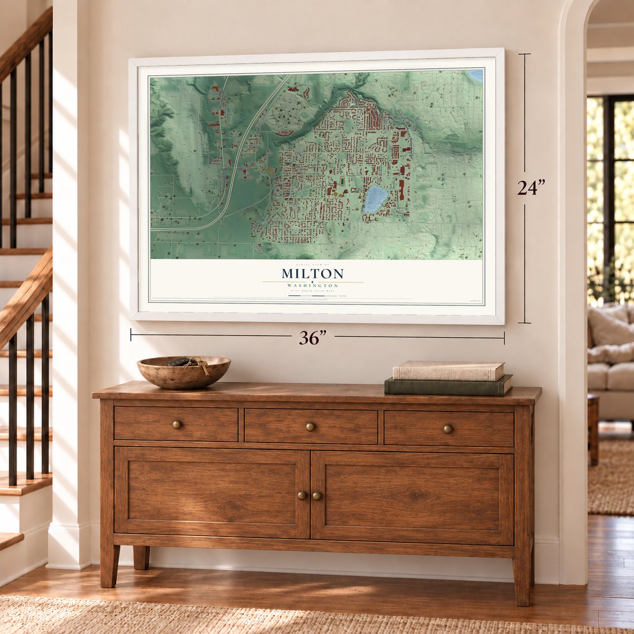 Milton, Washington map, 24 x 36 inch print in a white frame above a dresser by a staircase