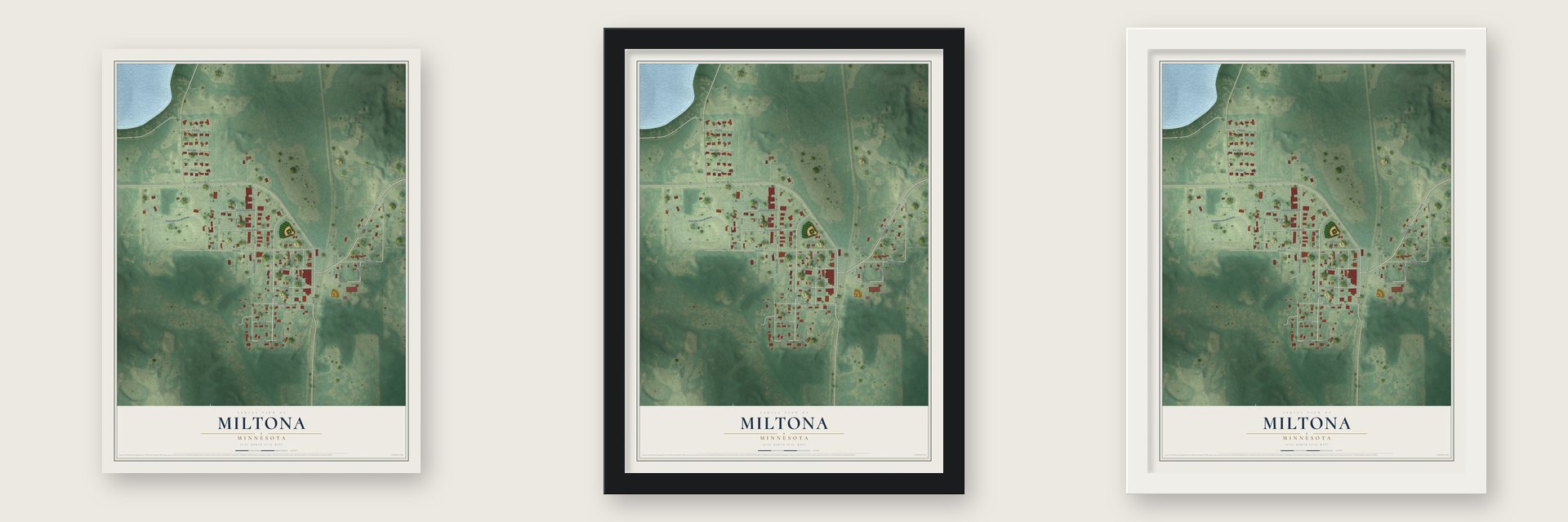 Miltona, Minnesota map unframed, in a black wood frame and in a white wood frame