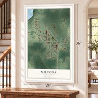 Miltona, Minnesota map, 24 x 36 inch print in a white frame by a staircase