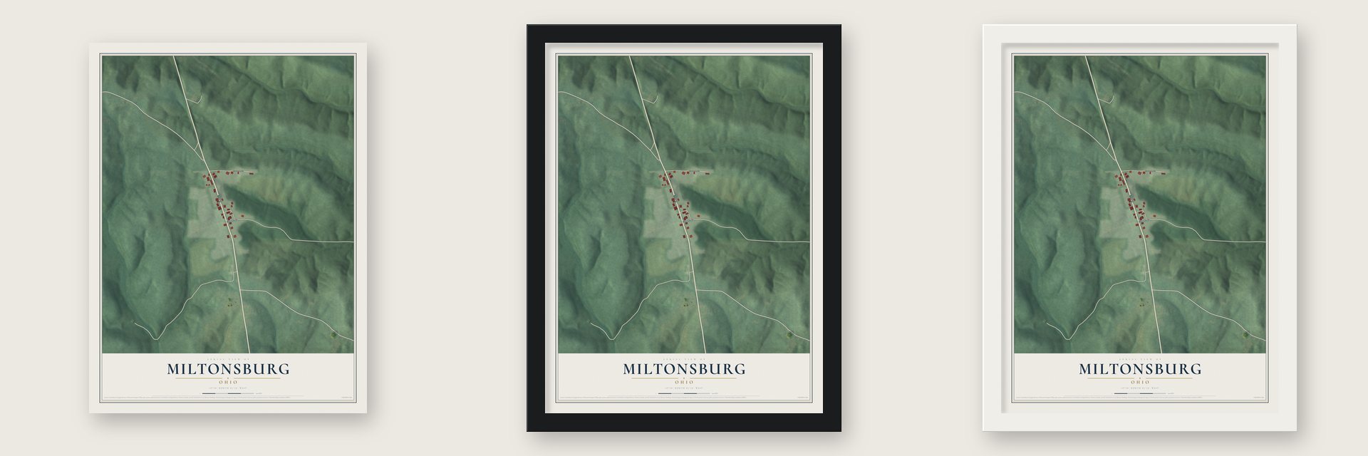 Miltonsburg, Ohio map unframed, in a black wood frame and in a white wood frame