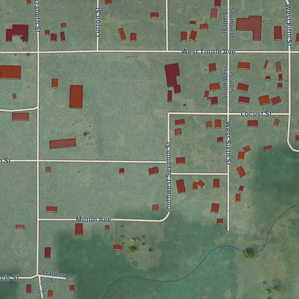 Second close-up of the map of Miltonvale, Kansas print showing more streets and buildings