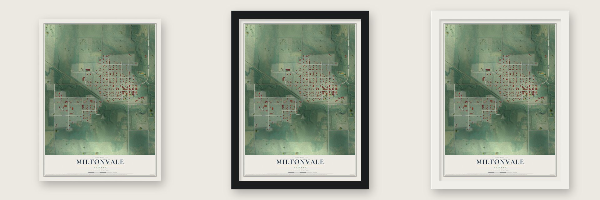 Miltonvale, Kansas map unframed, in a black wood frame and in a white wood frame
