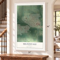 Miltonvale, Kansas map, 24 x 36 inch print in a white frame by a staircase
