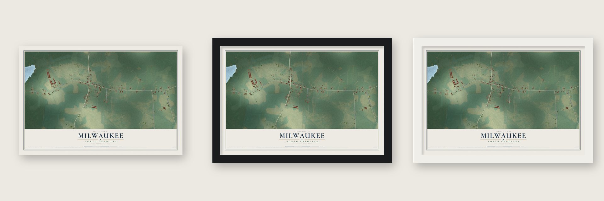 Milwaukee, North Carolina map unframed, in a black wood frame and in a white wood frame