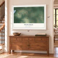 Milwaukee, North Carolina map, 24 x 36 inch print in a white frame above a dresser by a staircase
