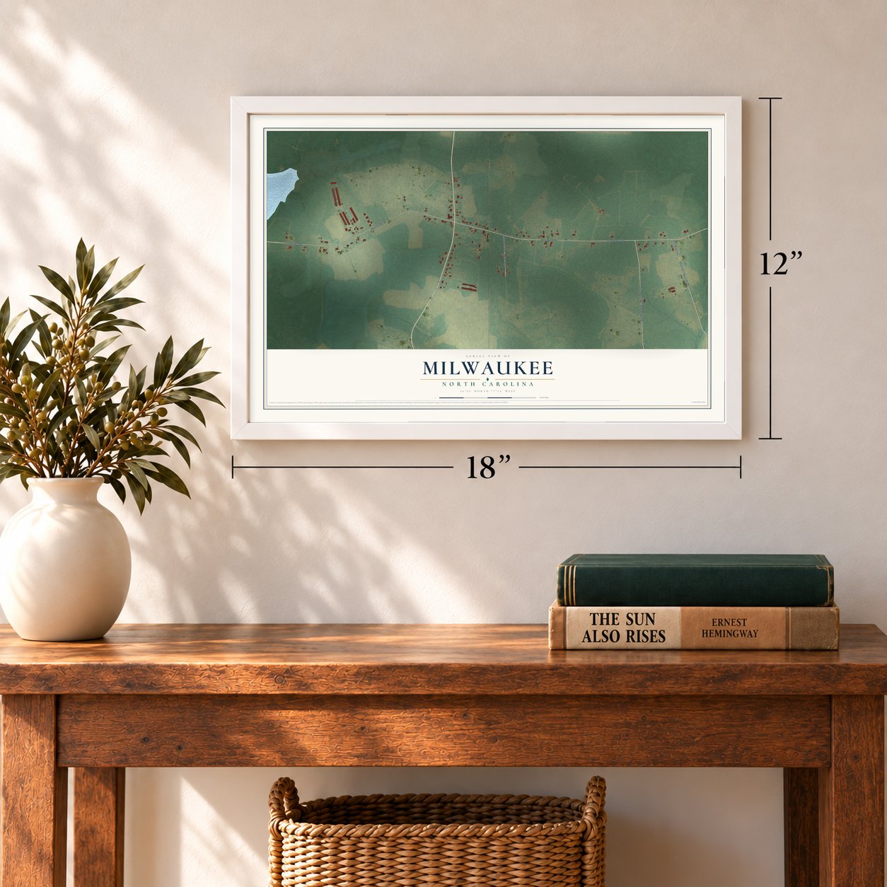 Milwaukee, North Carolina map, 12 x 18 inch print in a white frame in an entryway