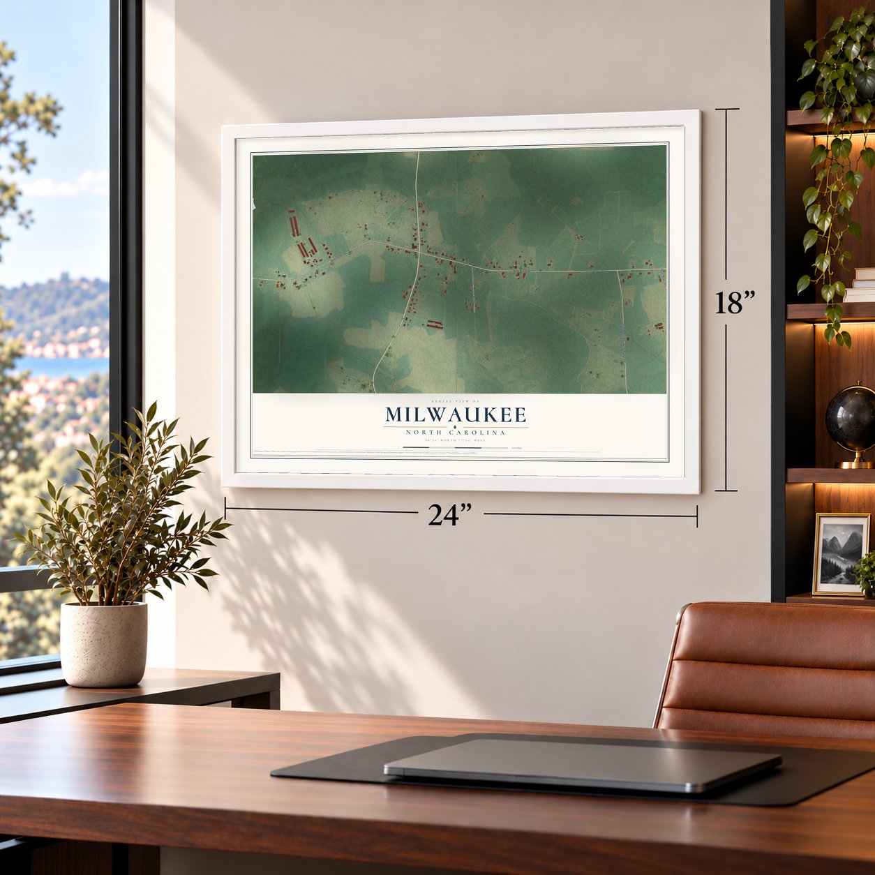 Milwaukee, North Carolina map, 18 x 24 inch print in a white frame in a home office