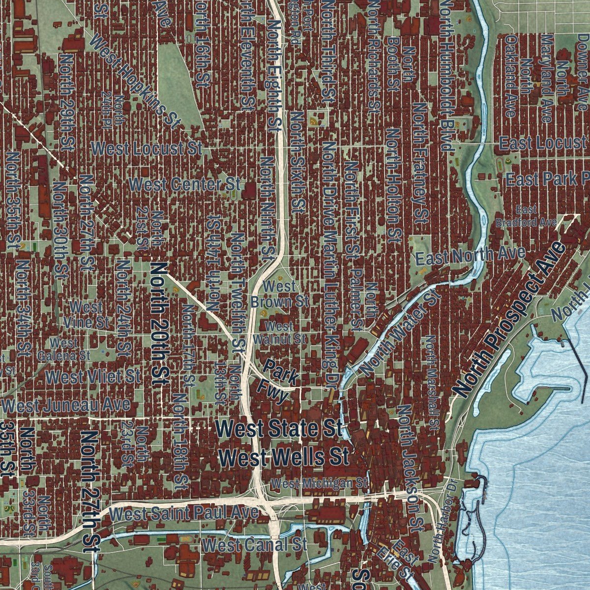 Second close-up of the map of Milwaukee, Wisconsin print showing more streets and buildings