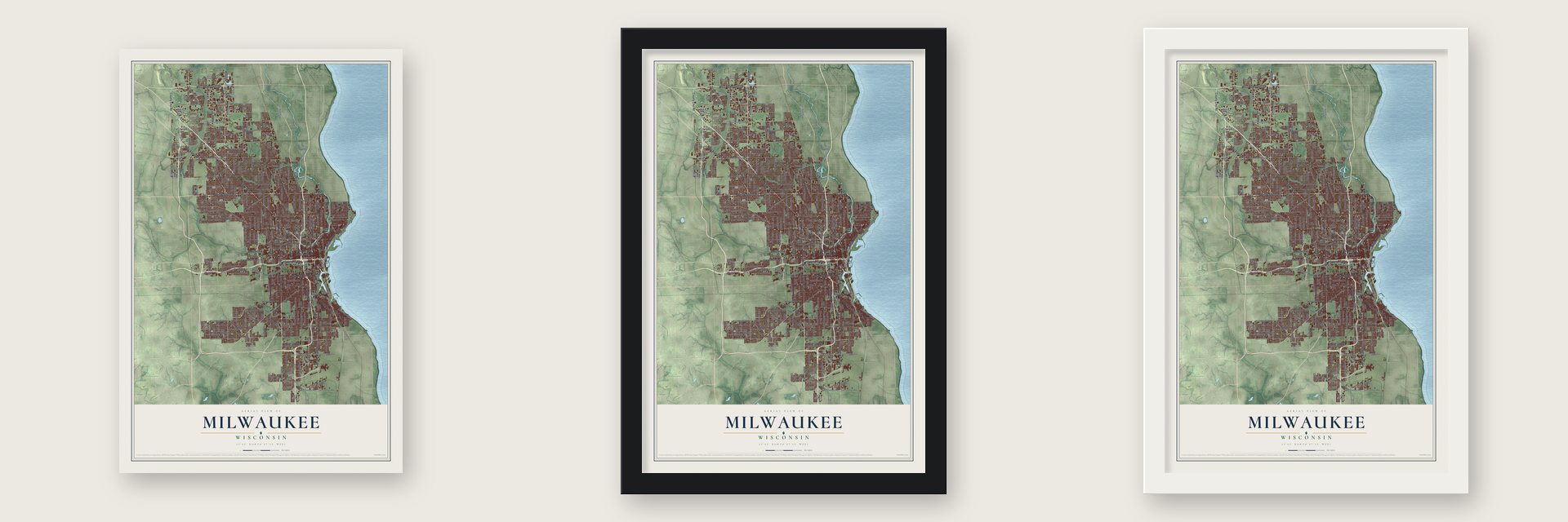 Milwaukee, Wisconsin map unframed, in a black wood frame and in a white wood frame