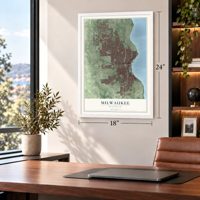 Milwaukee, Wisconsin map, 18 x 24 inch print in a white frame in a home office