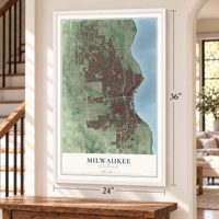 Milwaukee, Wisconsin map, 24 x 36 inch print in a white frame by a staircase