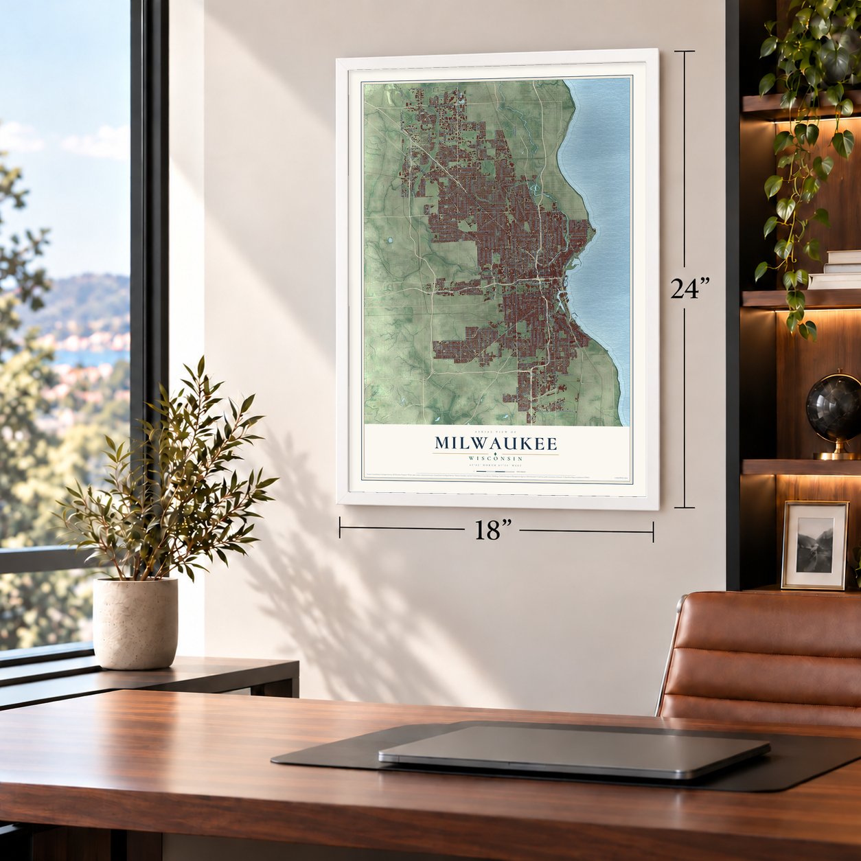 Milwaukee, Wisconsin map, 18 x 24 inch print in a white frame in a home office