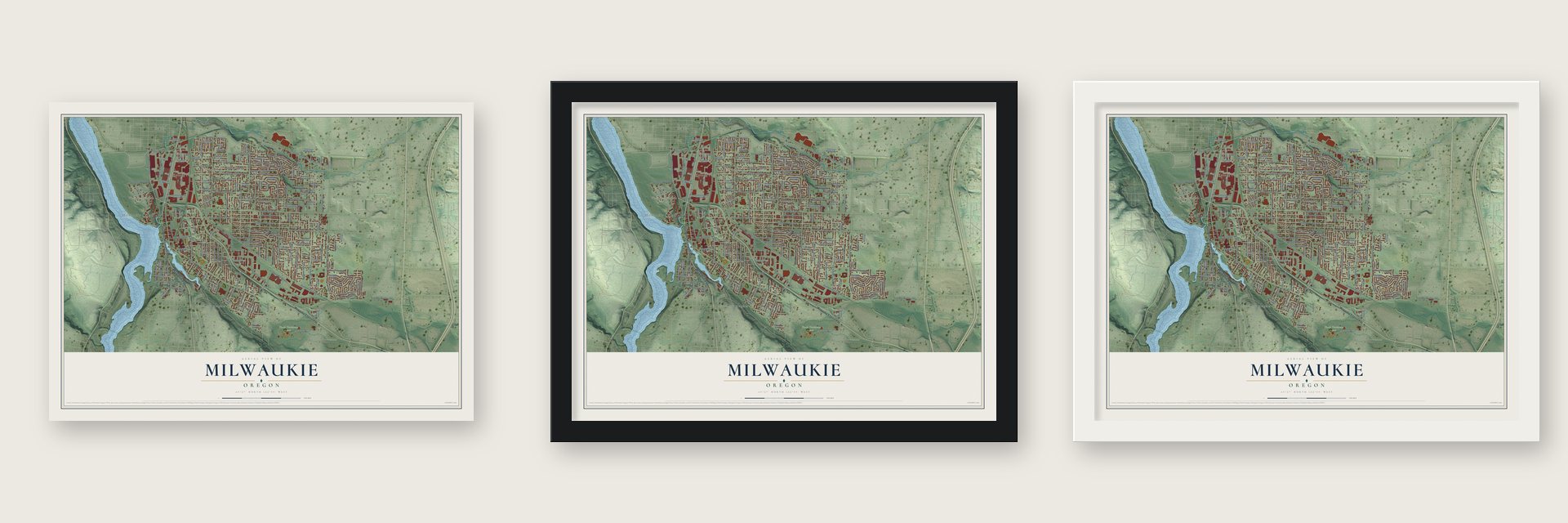 Milwaukie, Oregon map unframed, in a black wood frame and in a white wood frame
