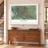 Milwaukie, Oregon map, 24 x 36 inch print in a white frame above a dresser by a staircase