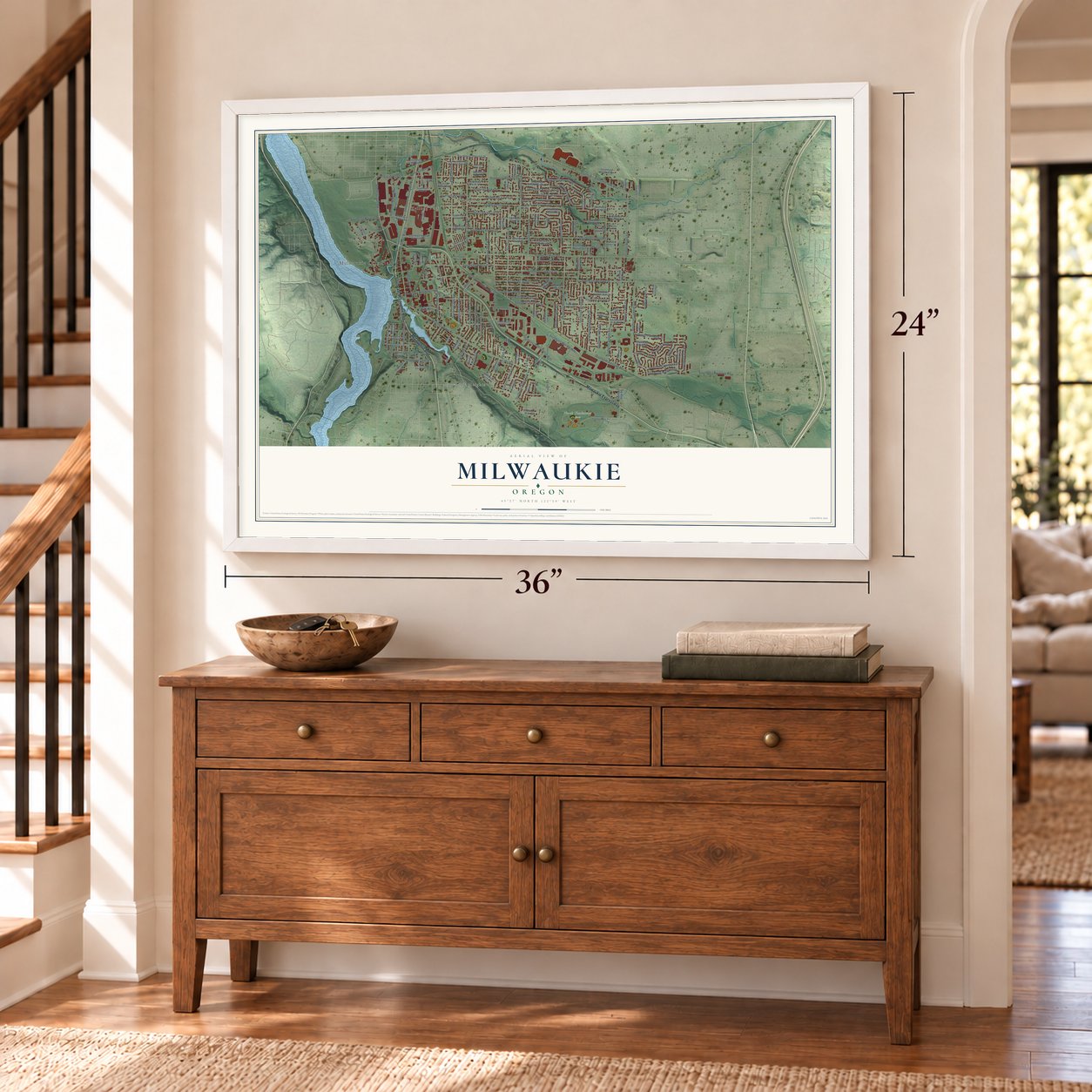 Milwaukie, Oregon map, 24 x 36 inch print in a white frame above a dresser by a staircase
