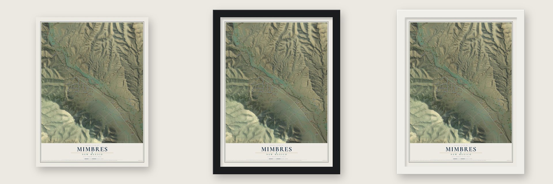 Mimbres, New Mexico map unframed, in a black wood frame and in a white wood frame
