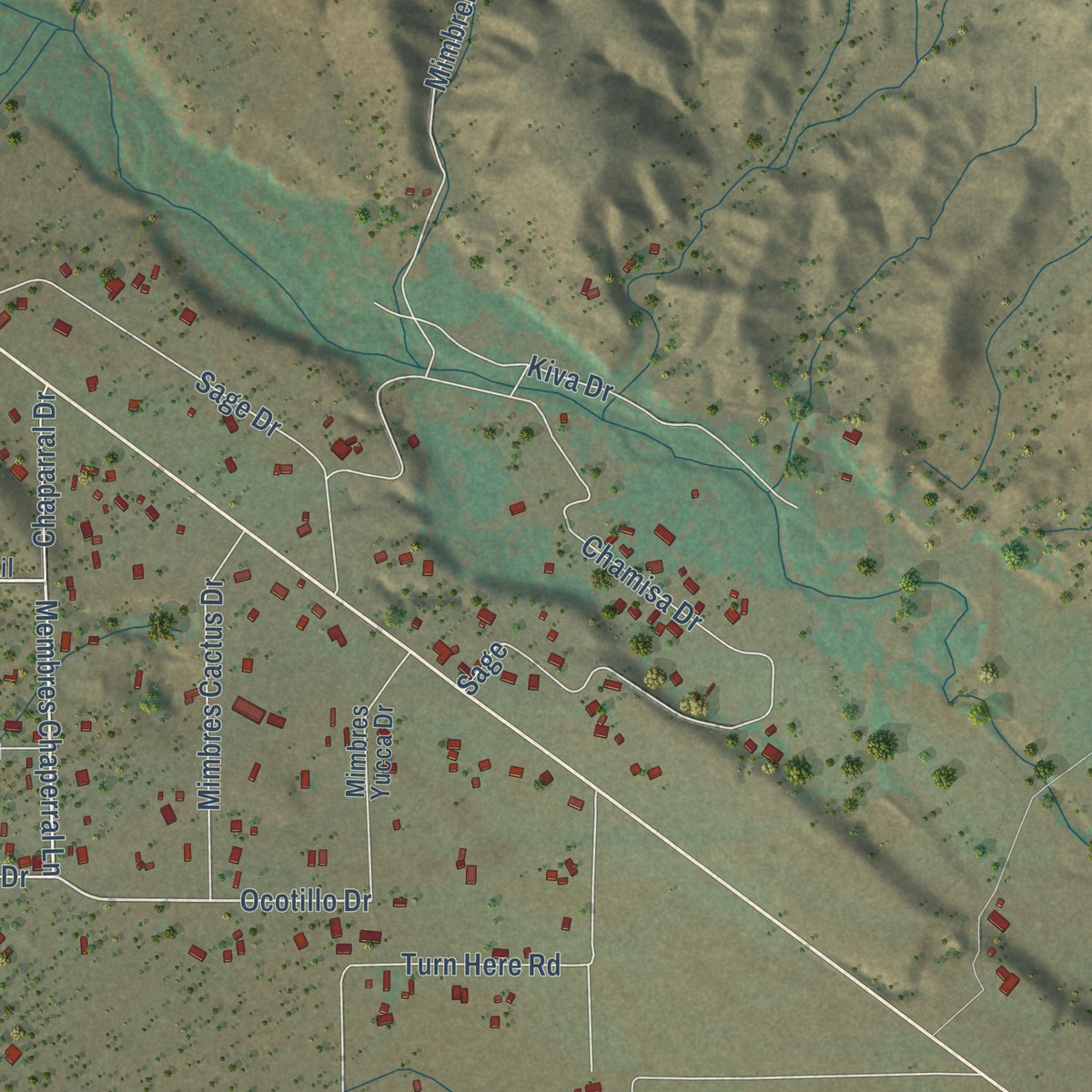 Second close-up of the map of Mimbres, New Mexico print showing more streets and buildings
