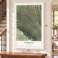Mimbres, New Mexico map, 24 x 36 inch print in a white frame by a staircase