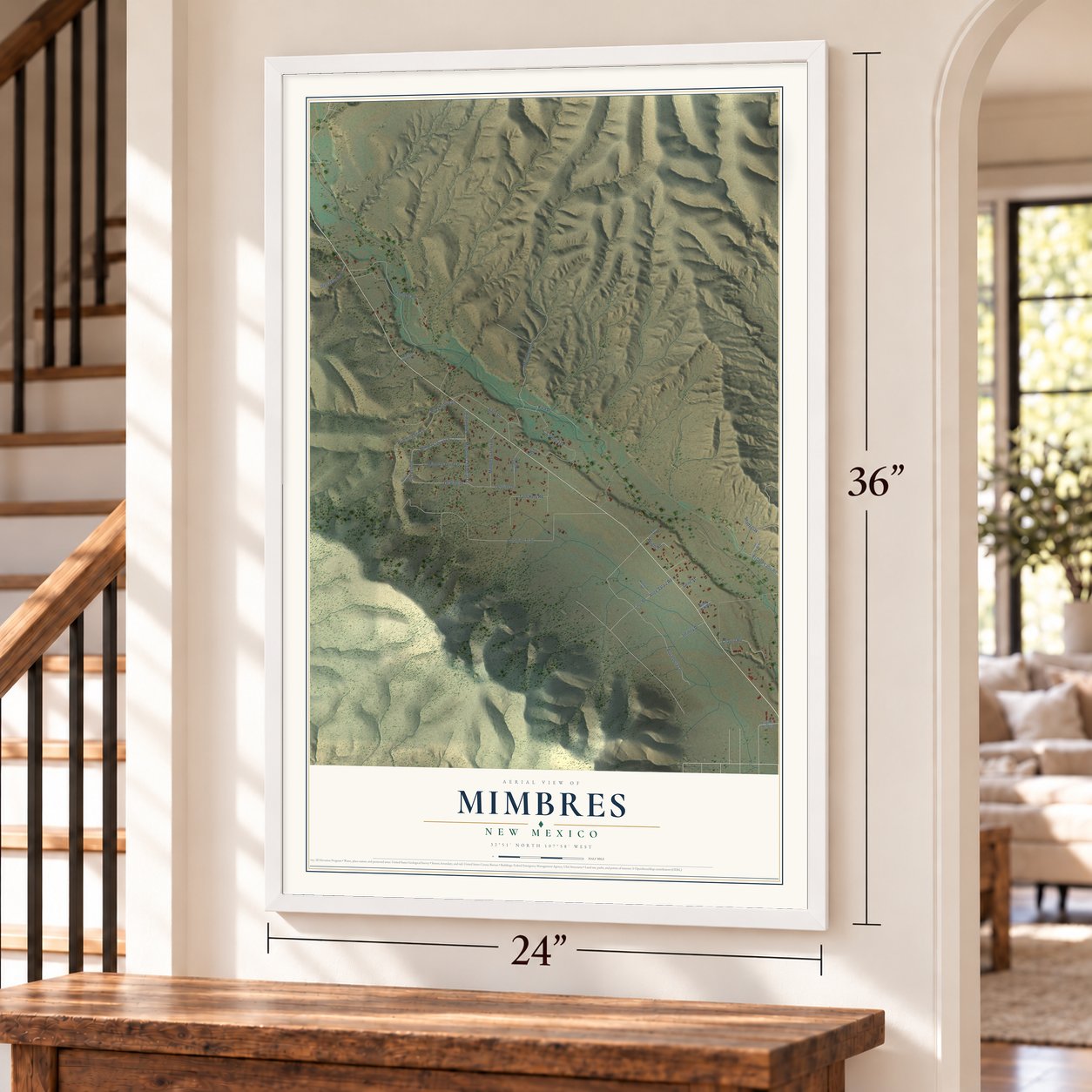 Mimbres, New Mexico map, 24 x 36 inch print in a white frame by a staircase