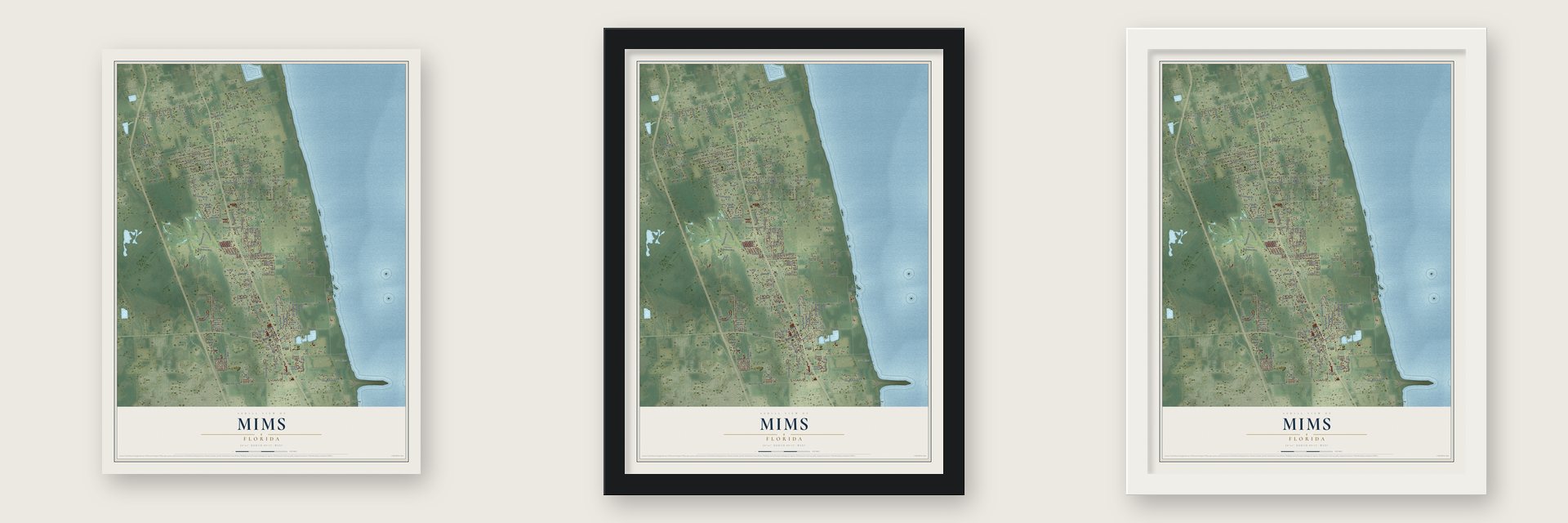 Mims, Florida map unframed, in a black wood frame and in a white wood frame