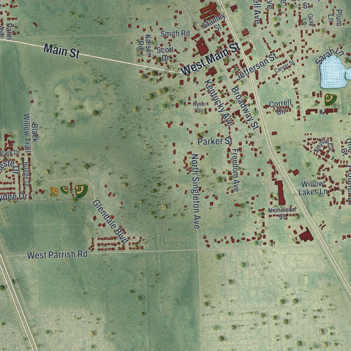 Second close-up of the map of Mims, Florida print showing more streets and buildings